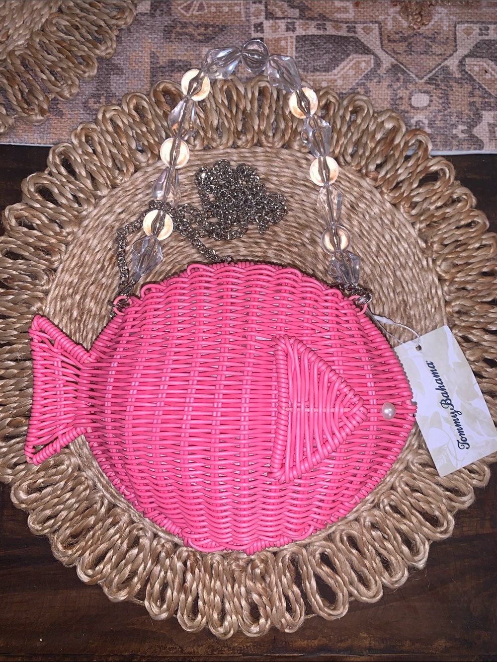 Tommy Bahama Pink Fish Wicker Crossbody Bag with removable silver chain & beaded